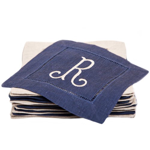 Monogrammed Navy Linen Coaster, with beige initialling, made from 100% linen with a hemstitch border - Initially London 