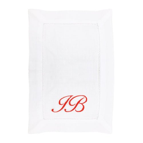Monogrammed Oblong Linen Cocktail Napkin with Orange Lettering, Made From 100% White Linen - Initially London