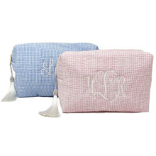 Pink and Blue Monogrammed Old Style St Clement Wash Bags with white lettering, made from 100% cotton gingham fabric exterior, water-resistant nylon interior lining - Initially London