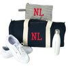 Navy Monogrammed Organic Cotton Duffle Bag with red initials, made from 100% heavyweight organic cotton - Initially London