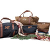 Both Khaki and Navy Monogrammed Pimlico Holdalls made from  100% waxed canvas with genuine leather straps and handle, with a two letter monograms on the front. Next to them are the matching wash bags, with matching monograms - Initially London