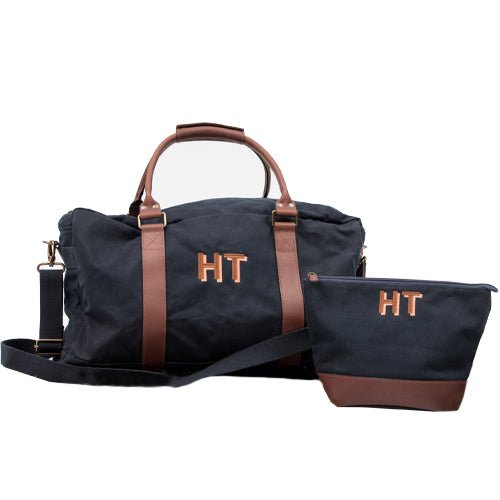 Monogrammed Navy Pimlico Holdall with Brown Shadow Lettering, made from  100% waxed canvas with genuine leather straps and handle - Initially London 