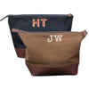 Monogrammed Khaki and Navy Pimlico Wash Bags with a two letter embroidered monogram, made from heavy waterproof waxed canvas and full grain leather trim - Initially London 