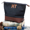 Monogrammed Navy Pimlico Wash Bag with shadow lettering, made from heavy waterproof waxed canvas and full grain leather trim - Initially London 