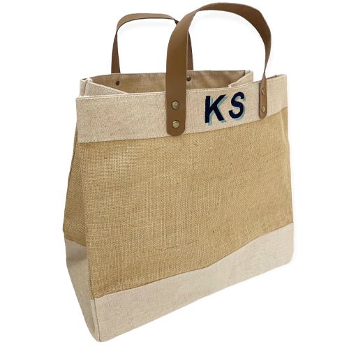 Monogrammed Natural Portobello Shopper Bag, made from Jute with buffalo leather handles, with blue shadow lettering - Initially London 