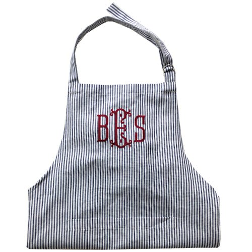 Monogrammed Navy Preppy Stripe Apron with Red Lettering, made from 50% linen and 50% cotton - Initially London