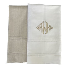Beige and White Monogrammed Punchspoke Hand Towel with motif, made from 60% linen and 40% cotton huckaback fabric - Initially London