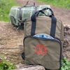 Monogrammed Military Green Recycled Cotswold Cooler Bag with Orange Lettering, made from 100% recycled polyester (PVC, BPA and phthalate free) - Initially London