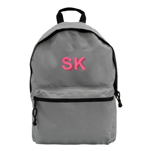Monogrammed Grey Recycled Oxford Backpack with pink lettering, made from 100% Recycled Polyester (PVC free) - Initially London