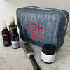 Monogrammed Blue Salcombe Wash Bag with red lettering, made from Woven polyester straw with clear vinyl lining - Initially London