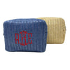 Monogrammed Blue Salcombe Wash Bag with red lettering, made from Woven polyester straw with clear vinyl lining - Initially London