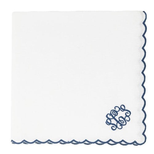 Monogrammed Navy Scalloped Napkin made from 70% linen and 30% cotton with a gorgeous stitched scallop border - Initially London