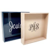 Navy and Pink Small Lacquer Trays made in Vietnam from wood with layers of shiny lacquer finish. Both with a large water-resistant, permanent vinyl monogram - Initially London