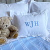 Monogrammed White Small Linen Hemstitch Pillow made from 100% linen with a simple hemstitch border, with blue lettering - Initially London 