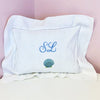 Monogrammed White Small Linen Hemstitch Pillow made from 100% linen with a simple hemstitch border, with blue lettering - Initially London 