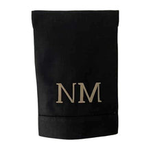 Black 55% linen 45% cotton Hemstitch guest towel with a large two letter monogram 