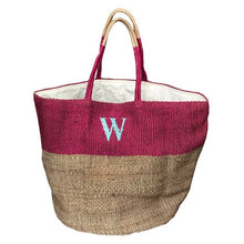 Pink Monogrammed Spitalfields Bag with Baby Blue Lettering, made from 100% jute with a 100% cotton lining - Initially London