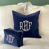 Navy Blue Monogrammed Square Velvet Cushion with White Initials, made from 100% cotton velvet, with a duck feather insert - Initially London