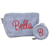 Blue Monogrammed St James Wash Bag with red lettering, made from 100% cotton with a nylon polyester waterproof lining - Initially London