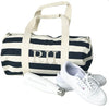 Monogrammed Navy Striped Cotton Duffle Bag made from 100% heavyweight organic cotton. It has a large two letter monogram 