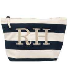 Navy Monogrammed Stripey Pouch made from 100% cotton with printed stripes and a silver-tone metal zipper - Initially London