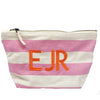 Pink Monogrammed Stripey Pouch with Orange initials, made from 100% cotton with printed stripes and a silver-tone metal zipper - Initially London
