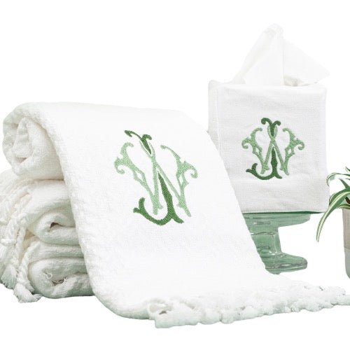 Monogrammed Tasseled Hand Towel made from 100% Turkish cotton, hand-loomed and edged with handmade fringe, our tasseled hand towel is OEKO-TEX® certified - Initially London 