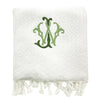 Monogrammed Tasseled Hand Towel made from 100% Turkish cotton, hand-loomed and edged with handmade fringe. Monogrammed with a two letter, intertwined, traditional monogram