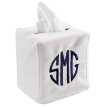 Monogrammed 100% Linen Tissue Box Cover with a large circle monogram on the front