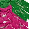 Pink and Green Monogrammed Velvet Ribbons each embroidered with a different name