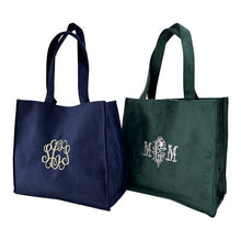Monogrammed Navy and Dark Green Victoria Velvet Tote made from a luxurious cotton velvet exterior and satin lining - Initially London 