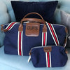 Monogrammed Navy Walton Duffle and Walton Wash Bag made from 100% cotton canvas body, cotton webbing straps and vegan leather handles and trim - Initially London