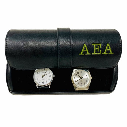 Monogrammed Black Westbury Watch Case made with 100% leather and cushioned velvet roll inside - Initially London