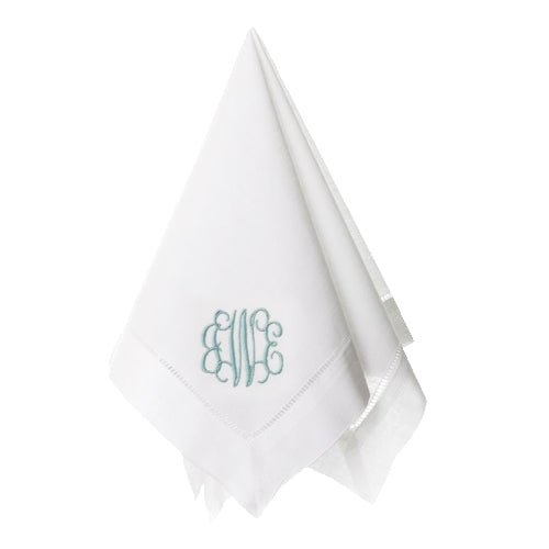 White Hemstitch Napkin made from 100% Linen with a traditional hemstitch border around the edge. A traditional three letter monogram on the front