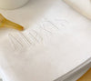Close Up of Monogrammed White Linen Napkin which is made from 100% Pure Linen - Initially London