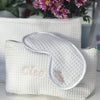 Monogrammed White Waffle Eye Mask Cotton made from White Waffle Cotton with satin piping, black velvet lining and elastic strap On Top of White Waffle Windsor Wash Bag- Initially London