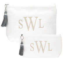 White Monogrammed Waffle Windsor Wash Bag made from 100% cotton exterior and nylon lining inside with a Moroccan Silk Tassel - Initially London